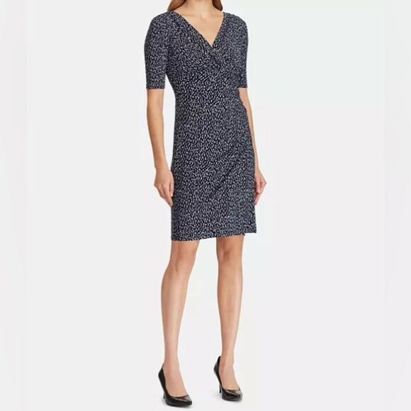Lauren Ralph Lauren Ruched Dress Navy Printed Matte Jersey Knit Sz 6P Office - Picture 1 of 12
